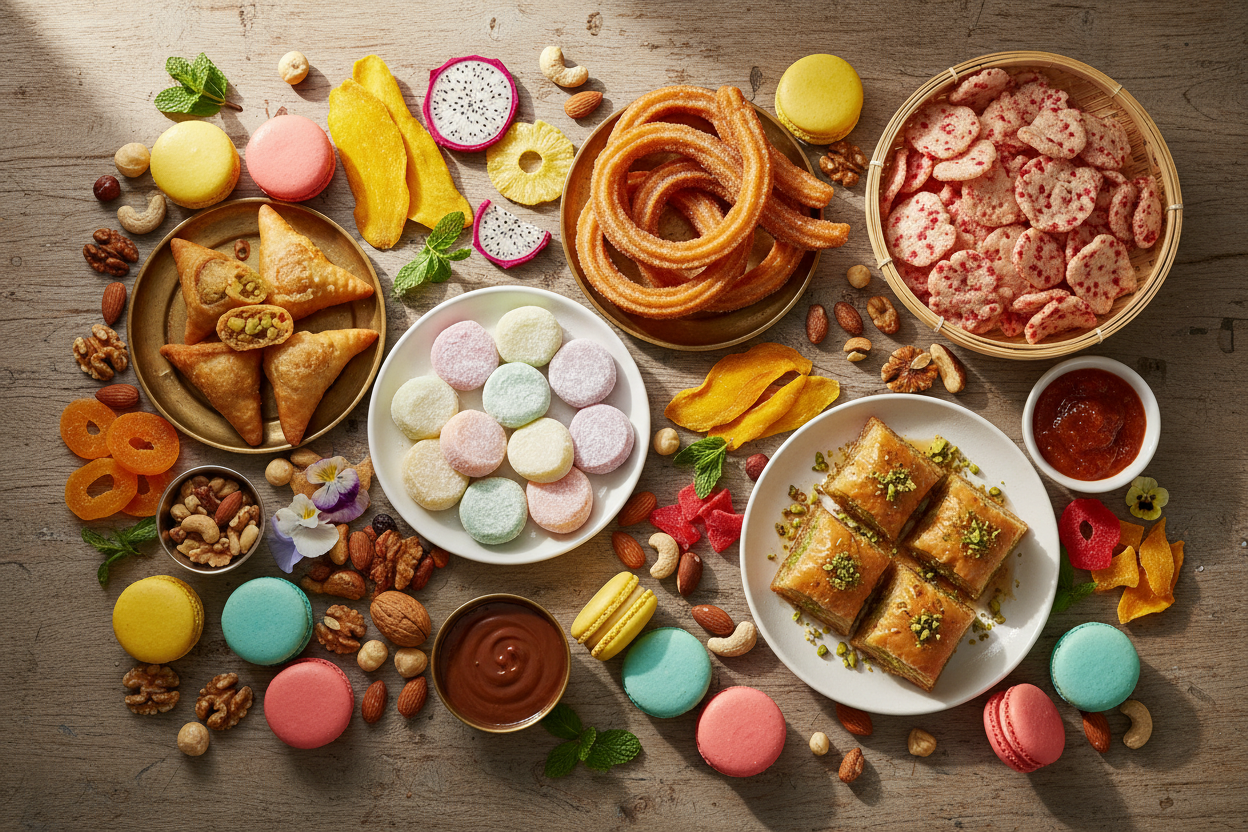 Assorted colorful desserts and snacks including macarons, churros, baklava, samosas, dried fruits, and nuts arranged on a wooden table