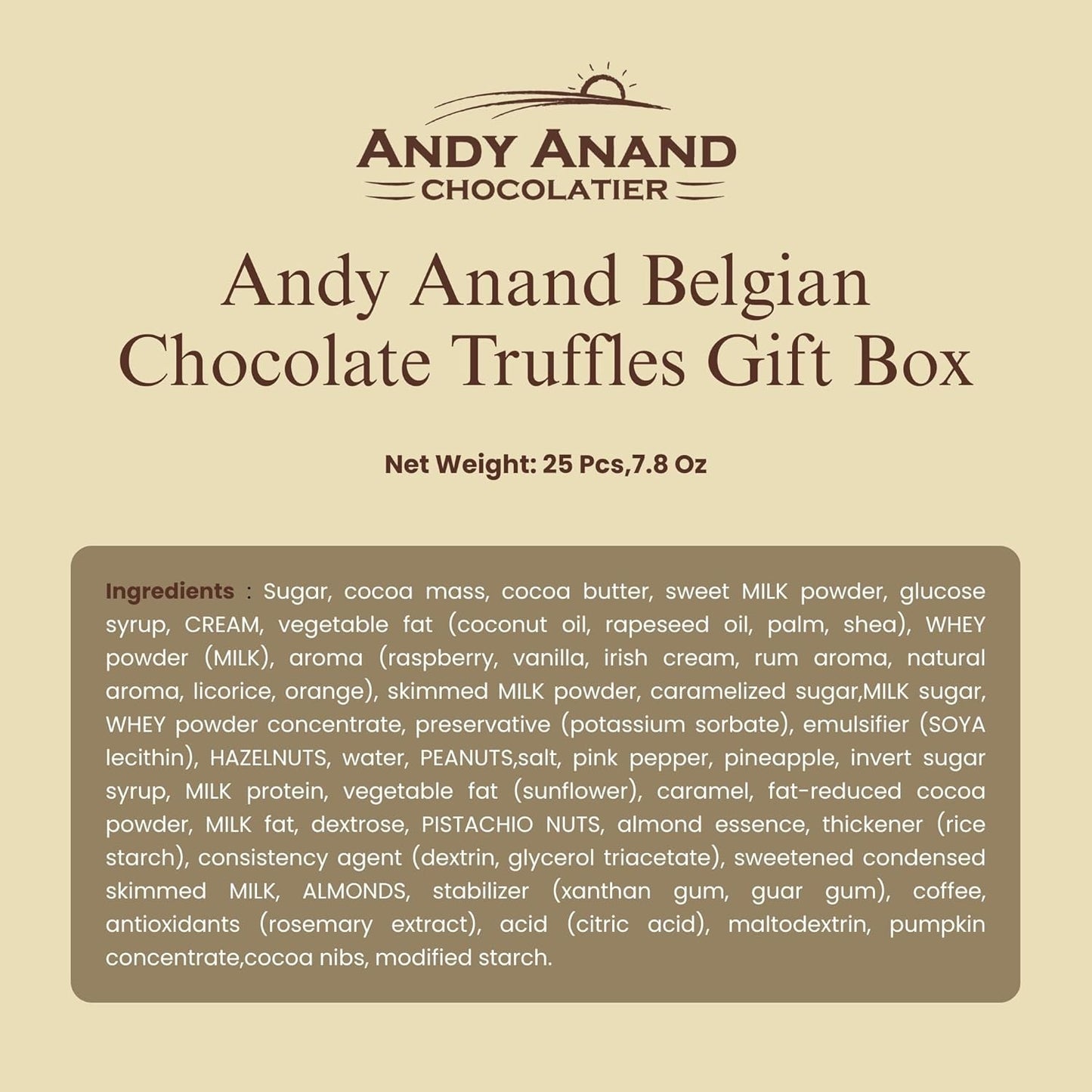 Andy Anand Belgian Chocolate Truffles Gift Box – Gourmet Bonbon Ganache Assortment (25 Pcs, 7.8 oz) Made with 60% Chocolate (Cocoa Butter)