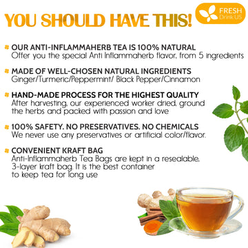 Anti-Inflammaheb Loose Leaf Tea, 100% Natural from Ginger, Turmeric, Peppermint, Black Pepper, Cinnamon