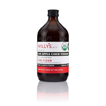 WILLYS Organic Live Fire Cider - Apple Cider Vinegar with Garlic, Onion, Turmeric, Ginger, Honey, Cayenne - 16.9 Fl Oz Glass Bottle