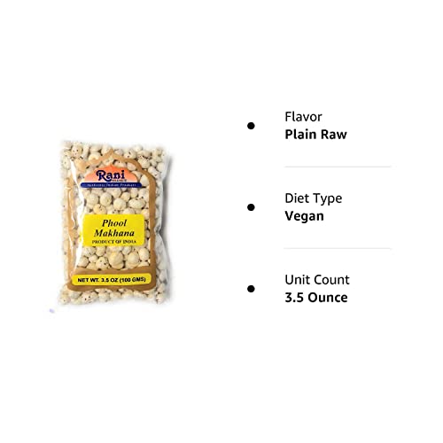 Rani Jumbo Phool Makhana (Fox Nut/Popped Lotus Seed) Plain Raw Uncooked 3.5Oz (100G) ~ All Natural | Vegan | No Colors | Gluten
