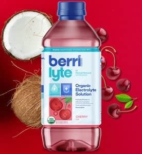 Berri Lyte Electrolytes Hydration Beverages With Coconut Water, Organic & Plant Based Electrolyte, Pediatric Rehydration Drink, Cherry, 1 L, 4 Count