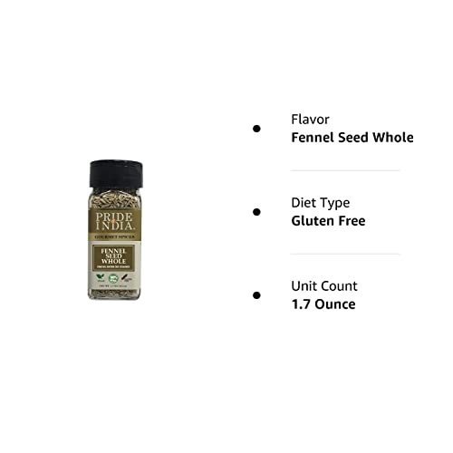 Pride Of India – Fennel Seed Whole – Gourmet Spice – Fresh & Aromatic – Mouth Freshener – Gmo/Gluten Free – Flavoring For Bakes, Meat & More – Easy To Use – 1.7 Oz. Small Dual Sifter Bottle