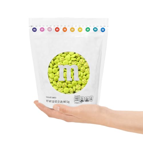 M&MS WORLD Softball Milk Chocolate Candy - 2 lbs of Bulk Chocolate Candy With An Electric Green with Red Stitching Design, For S