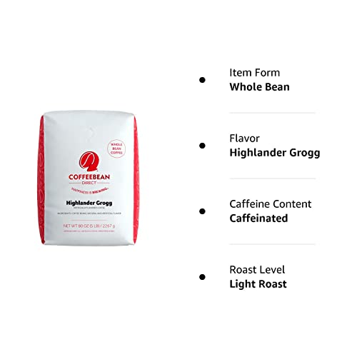 Coffee Bean Direct Highlander Grogg Flavored Whole Bean Coffee, 80 Ounce, Model 5102295W