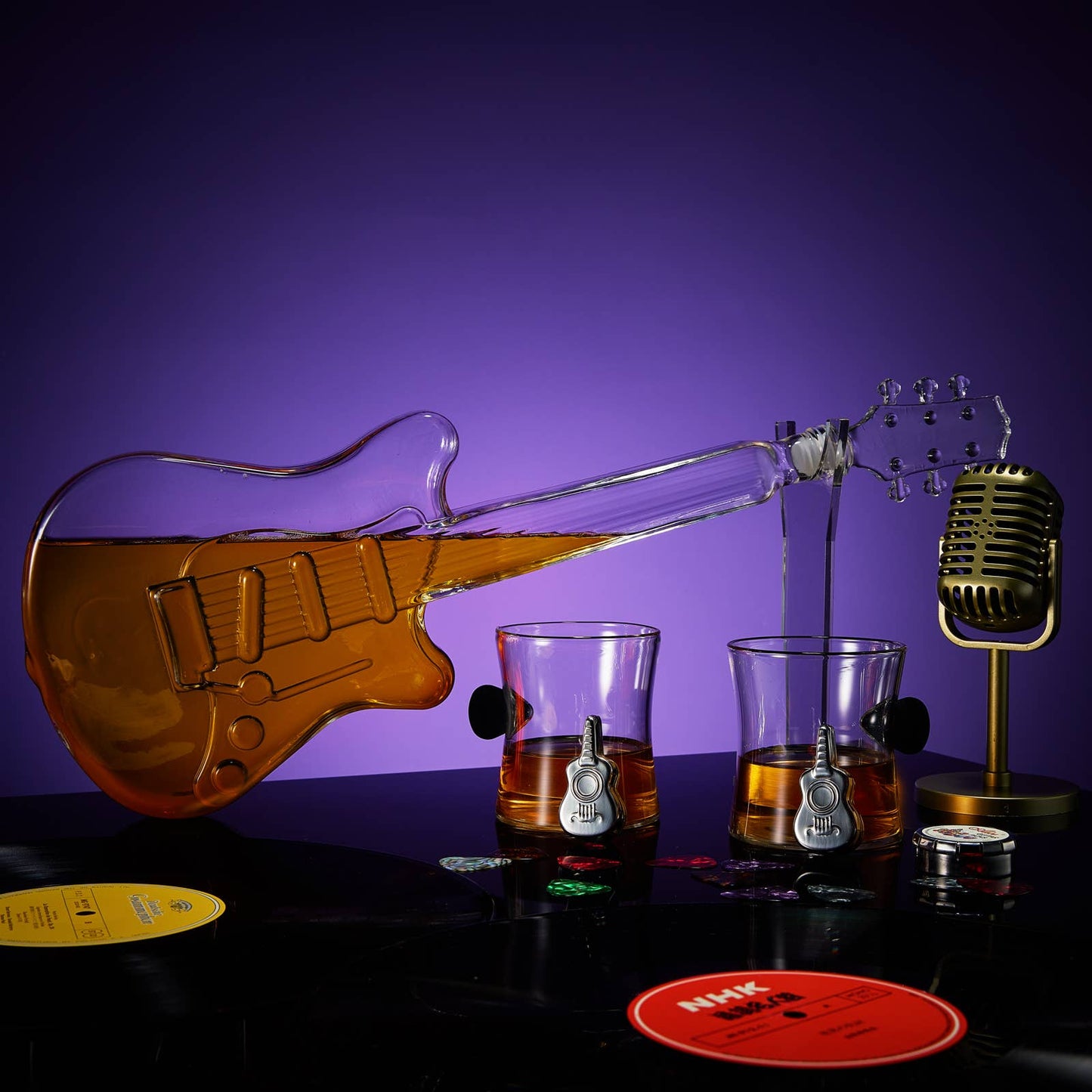 Electric Guitar Decanter with 2 Pick Whiskey Glasses