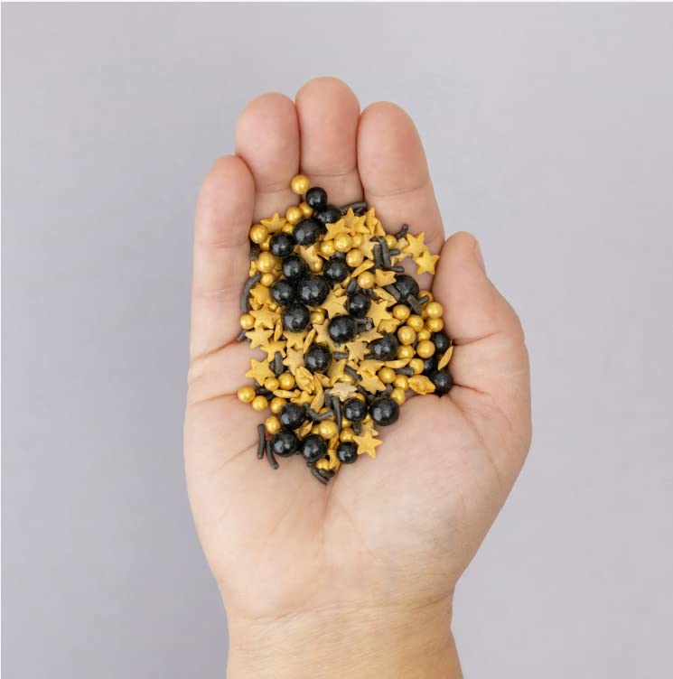 Sweetshop, Sprinkle mix - 10 ounce, Black and Gold, Edible Sprinkles, fancy sprinkles for Baking and Decorating, use on Cupcakes