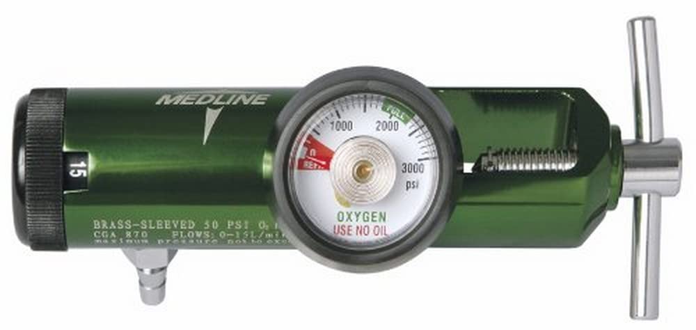 Medline Mini Oxygen Regulator, Latex Free, 0-15 Liters Per Minute, 870 Cga Connection, Brass Sleeve