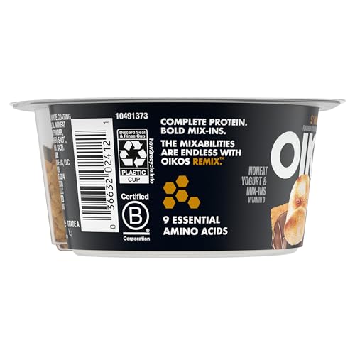 Oikos REMIX Smores Vanilla Nonfat Greek Yogurt with Graham Cookies, Dark Chocolate and Toasted Marshmallow Bark Mix-Ins, Delicio