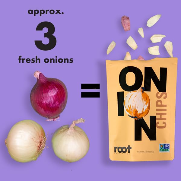Root Foods Onion Chips, Natural Veggie Snack, Non-GMO Vegetable Crisps, Good for Adults, Kids, Vegan, Gluten Free, Kosher, Halal