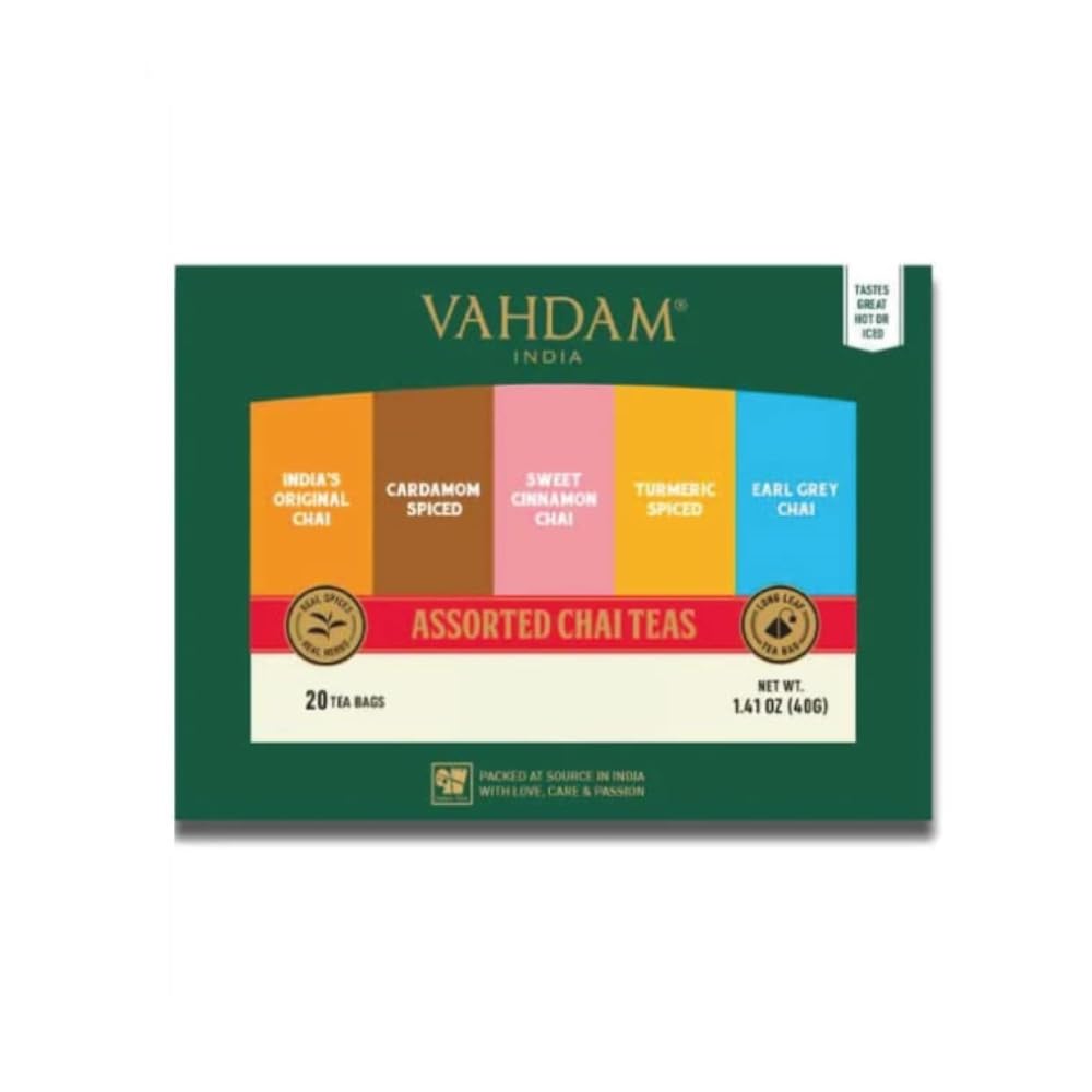 VAHDAM, Assorted Chai Tea Sampler Gift Set (5 Flavors, 20 Count) Gluten Free & Non GMO | Indian Masala Chai Tea Blends | Long Le