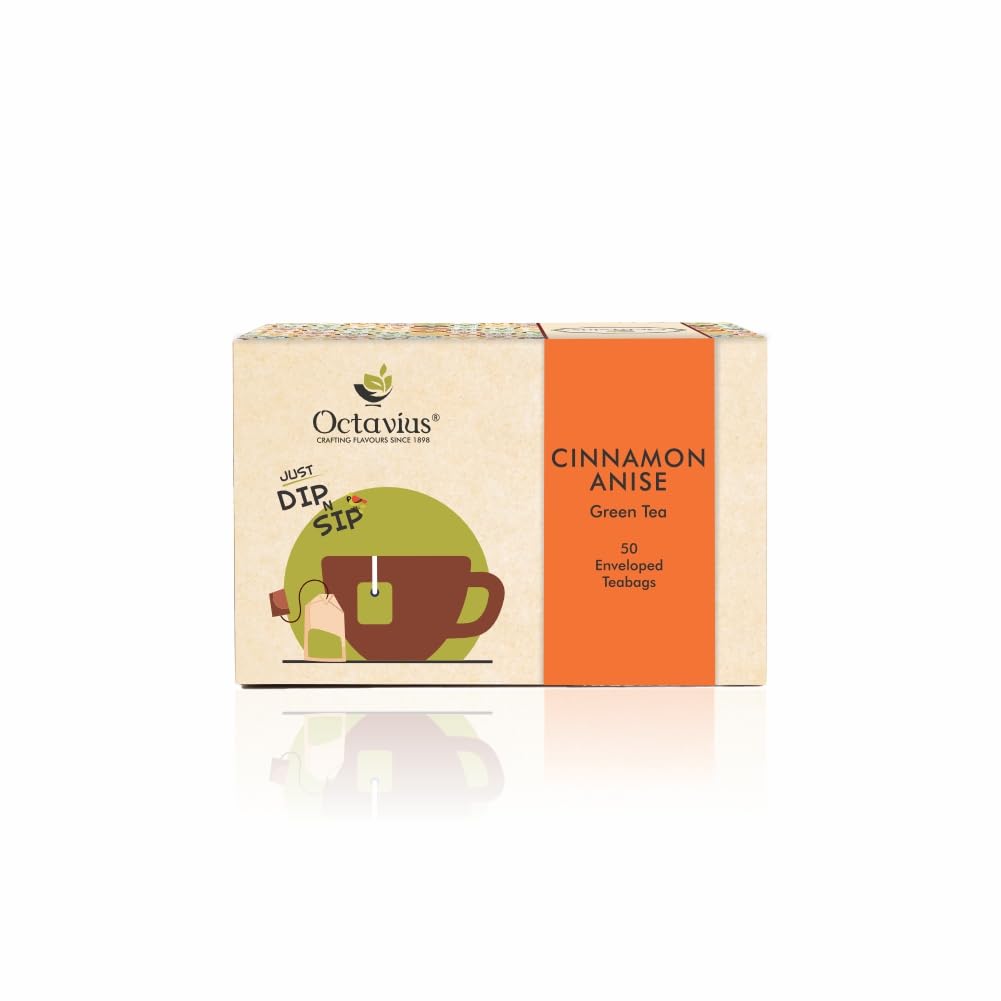 Octavius | Tea Sampler Pack | Assortment of Green Teas | Cinnamon Anise Green Tea | 50 Enveloped Double Chamber Tea Bags | Tea S