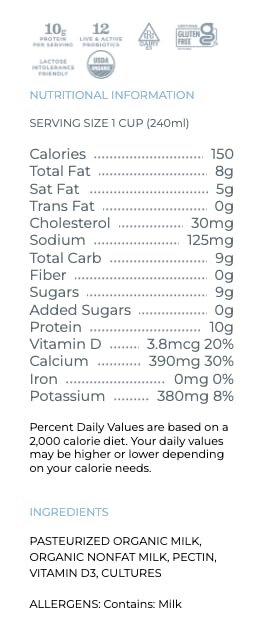Lifeway Organic Whole Milk Kefir - 10g Protein, 12 Live Active Probiotic Cultures, Up to 99% Lactose Free, Gluten Free - Plain,