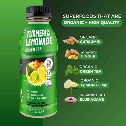Golden Tiger Still Turmeric Lemonade, Green Tea - Organic Superfood-Infused Sports Drink With Curcumin & Ginger - Antioxidants For Recovery And Immunity, 4G Sugar (12 Bottles)