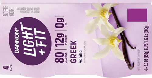 Dannon Light + Fit Greek Vanilla Fat Free Yogurt, Creamy and Delicious Gluten Free Yogurt, 4 Ct, 5.3 OZ Yogurt Cups