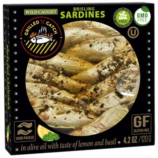 Grilled Catch Wild Caught BRISLING SARDINES in olive oil 4.2 oz/120g, pack of 5, Product of Latvia (Lemon and Basil)
