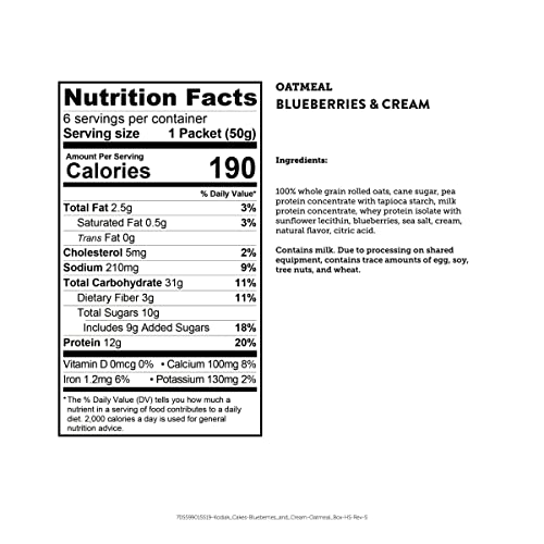 Kodiak Instant Oatmeal Packets, Blueberries & Cream, High Protein, 100% Whole Grains, 1 Box With 6 Packets (6 Packets)