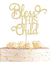 Ahaoray Bless This Child Cake Topper - Gold Glitter Chlid Christening Cake Decoration Supply - Smash Cake Topper For First Holy
