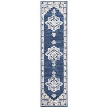 Safavieh Brentwood Collection 2 X 12 Navy  Cream Bnt865N Medallion Distressed Non-Shedding Living Room Bedroom Runner Rug