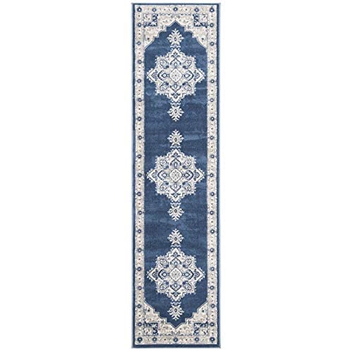 Safavieh Brentwood Collection 2 X 12 Navy Cream Bnt865N Medallion Distressed Non-Shedding Living Room Bedroom Runner Rug