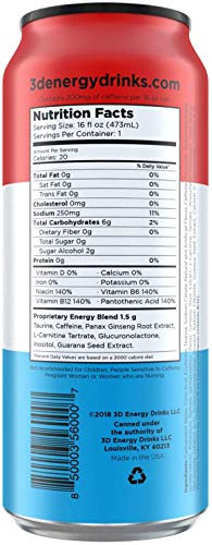 3D Energy Liberty Pop | Sugar Free Energy Drink | Pre Workout Energy | 200Mg Caffeine With Taurine And L-Carnitine | 16 Fluid Ounce | 12 Pack | Red, White And Blue