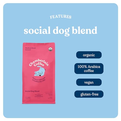 Chamberlain Coffee Social Dog Blend, Full Bodied Organic Coffee With Complex Yet Smooth Notes Of Milk Chocolate, Roasted Peanuts, Brown Sugar, Graham Cracker, Fresh Ground 12Oz