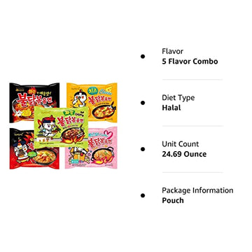 Samyang Buldak Chicken Stir Fried Ramen Korean Ramen (5 Flavor Combo, 5 Pack)