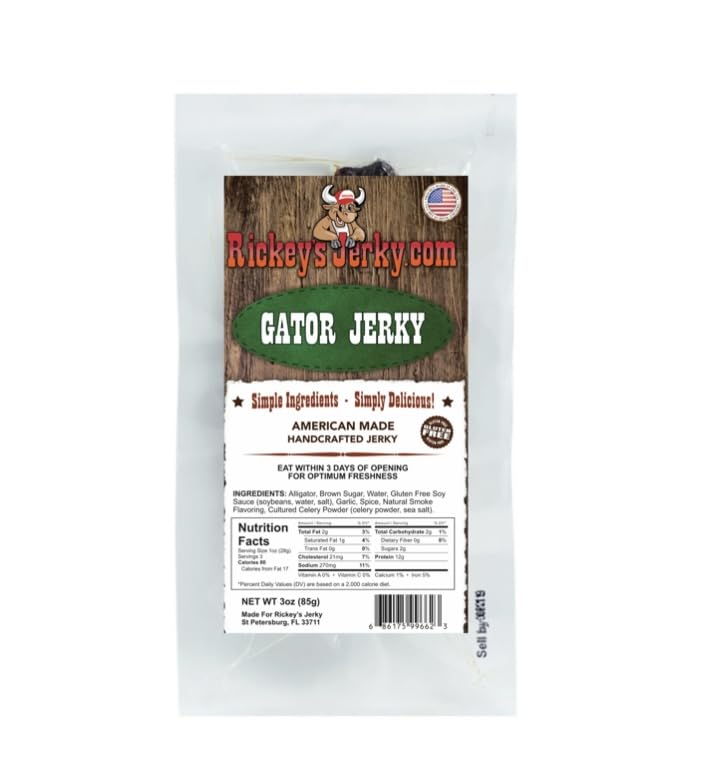 Rickey's Alligator Jerky, 100% Made From Solid Strips of Alligator, Exotic Wild Game Jerky, All Natural Meat, High Protein snack