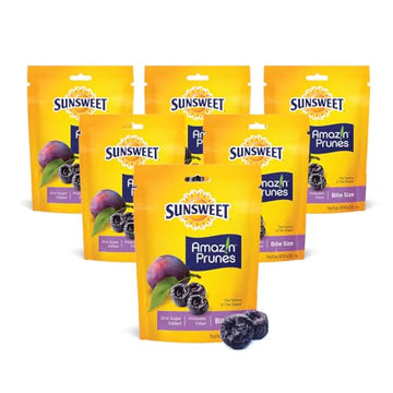 Sunsweet Amazin Prunes, Dried Pitted Bite Size | Gluten Free, Vegan, Low Fat, Unsweetened, Unsulfured, No Added Sugar | Dietary Fiber + Other Natural Minerals | 8 Oz Pouch - 6 Pack
