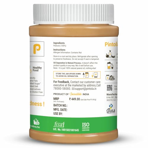 Pintola All Natural Peanut Butter (Crunchy) | Unsweetened | 30G Protein | Non Gmo | Gluten Free | Vegan | Cholesterol Free (1Kg)