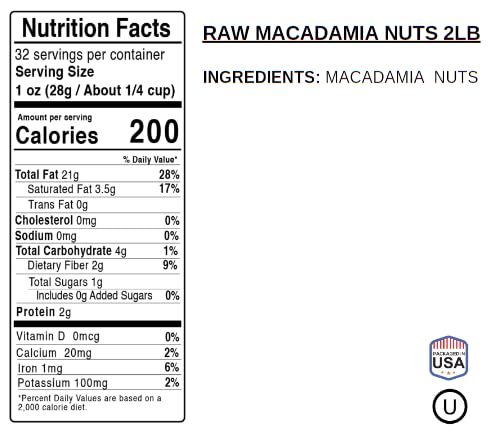Jaybees Raw Macadamia Nuts - Jumbo Unsalted Whole, High Protein Snack, 2 Pound Bulk Bag
