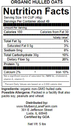 Whole Oats 5 Pounds Hulled, Groats, Usda Certified Organic Non-Gmo Bulk, Mulberry Lane Farms
