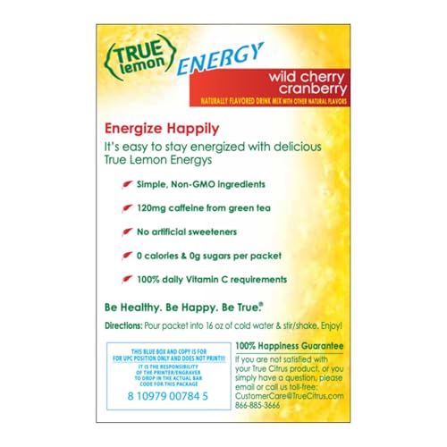 True Citrus TRUE LEMON Energy Drink Mix, Wild Cherry Cranberry, No Preservatives, Gluten Free, 0.57 Ounce (Pack of 12)
