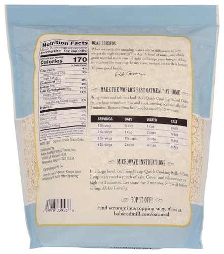 Bobs Red Mill Organic Quick Cooking Rolled Oats, 32oz (Pack of 1) - Non GMO, Whole Grain, Vegan, Kosher