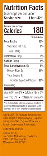 Bobs Red Mill PB Honey & Oats Bar - 5 Count, Non-GMO, Gluten Free, Kosher, Model P110880