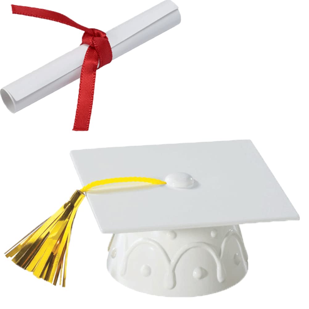 Graduation Cap with Tassel Cake Topper and Paper Diploma with Red Ribbon (White)