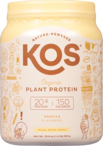 KOS Vegan Protein Powder Erythritol Free, Vanilla - USDA Organic Pea Protein Blend, Plant Based Superfood Rich in Vitamins & Min