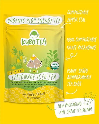 Kubo Tea High Caffeine Iced Tea Bags - Organic Half & Half Lemonade Black Tea, 20 Ct, 1.76 oz, Compostable Packaging