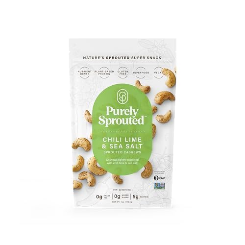 Purely Sprouted Cashews Chili Lime Sea Salt, Non-Gmo Superfood For Healthy, Certified Usda Organic, Gluten-Free Snacking (4 Oz,