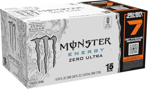 Monster Energy Zero Ultra Sugar Free Energy Drink, 16 Fl oz, Pack of 15, White