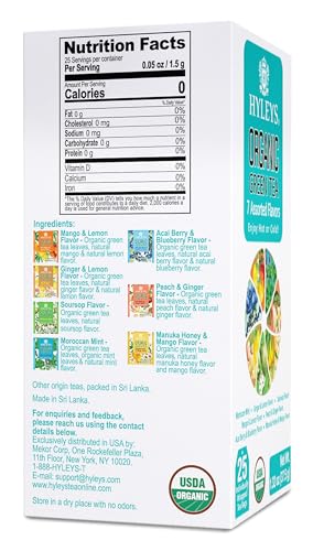 Hyleys Organic Green Tea 7 Assorted Flavors - 25 Tea Bags (12 Pack - 300 Tea Bags Total)