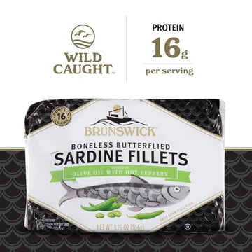 Brunswick Sardines In Olive Oil With Hot Peppers, 3.75 Oz Can - Boneless Butterflied Sardine Fillets - Wild Caught - 16G Protein
