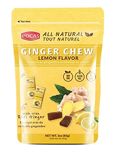 Pocas Lemon Ginger Chews - Sweet And Zesty Ginger Chew, Individually Wrapped Low-Calorie Snacks, Ginger Candy Made With Pure Cane Sugar, 3 Oz Ea (Pack Of 4)