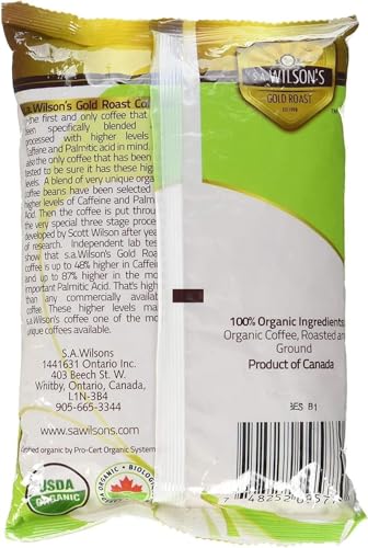 S.A. Wilsons Organic Gold Roast Coffee - enhanced Grind 16 oz | Higher in Caffeine & Palmitic Acid | 100% Organic Coffee | Smooth Balanced Clean Energy | Product of Canada USDA Certified Organic