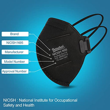 Benehal N95 Masks, NIOSH Approved Particulate Respirators, Pack of 10, Individually Wrapped, Black Face Masks for Protection