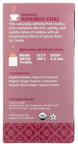 Equal Exchange Organic Rooibos Chai Herbal Tea, Caffeine-Free, 20 Tea Bags, 1.41 oz