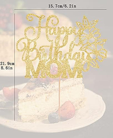 Ahaoray Happy Birthday Mom Cake Topper - Premium Gold Glitter Flower Mother'S Birthday Cake Decoration Supply - Birthday Party D
