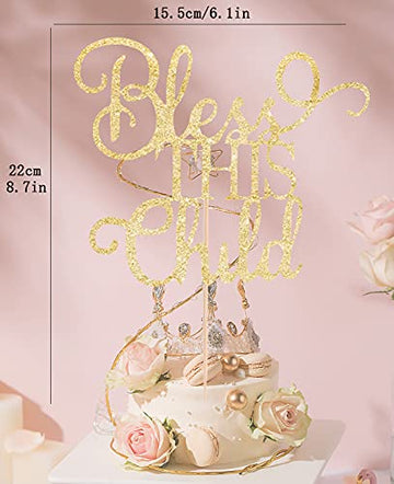 Ahaoray Bless This Child Cake Topper - Gold Glitter Chlid Christening Cake Decoration Supply - Smash Cake Topper For First Holy
