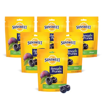 Sunsweet Amazin Prunes, Dried Pitted | Gluten Free, Vegan, Low Fat, Unsweetened, Unsulfured, No Added Sugar, Whole Food Snacks | Dietary Fiber + Other Natural Minerals | 8 Oz Pouches - 6 Pack
