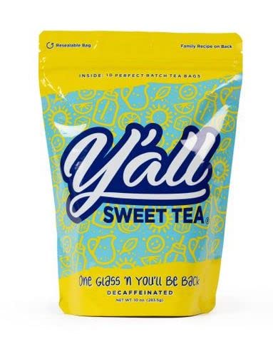 Yall Sweet Tea Decaf Iced Tea Bags - 1 Gallon Size, 10 Bags, Quick Brew Authentic Southern Iced Tea, Caffeine-Free